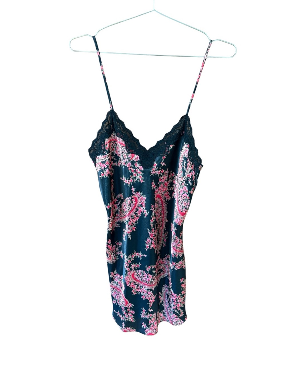 Private Luxuries Satin Like Slip Dress Nightgown Black W/ Colored Paisley Size M